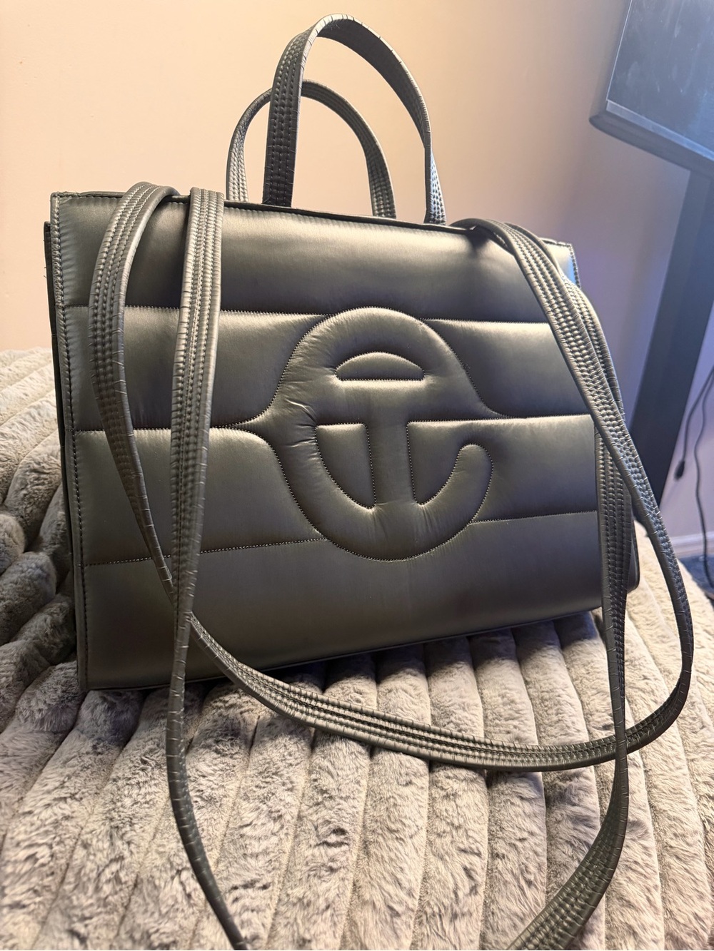 Quilted Leather Tote in Charcoal Gray - Designer-Inspired